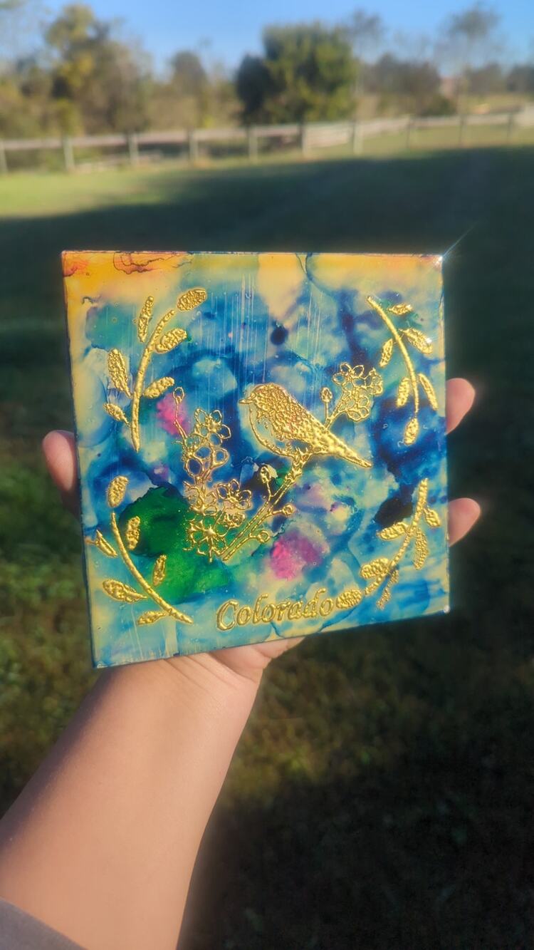 Hand Painted Art Tile Gold Bird Coaster Watercolor Effect Nature Colorado